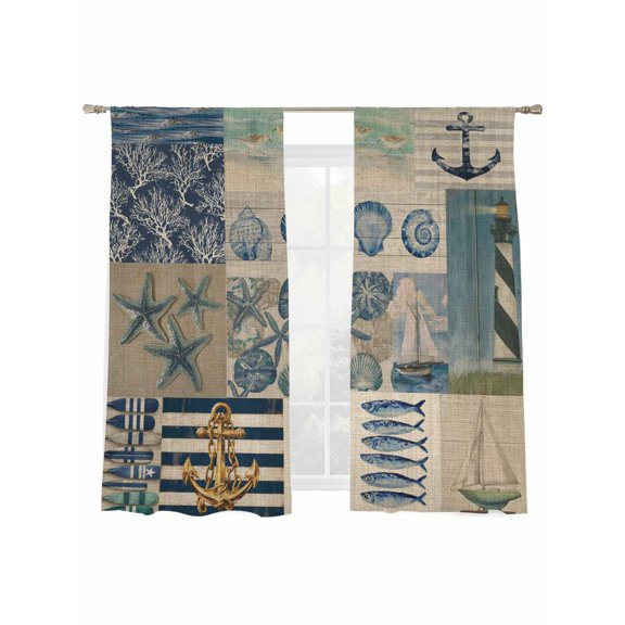 Summer Nautical Sheer Curtains 63 Inch Long 2 Panels, Blue Starfish Shells Anchor Boat Patchwork Linen Light Filtering Rod Pocket Curtains, Sheer Voile Drapes for Living Room Bedroom, 52"x63"