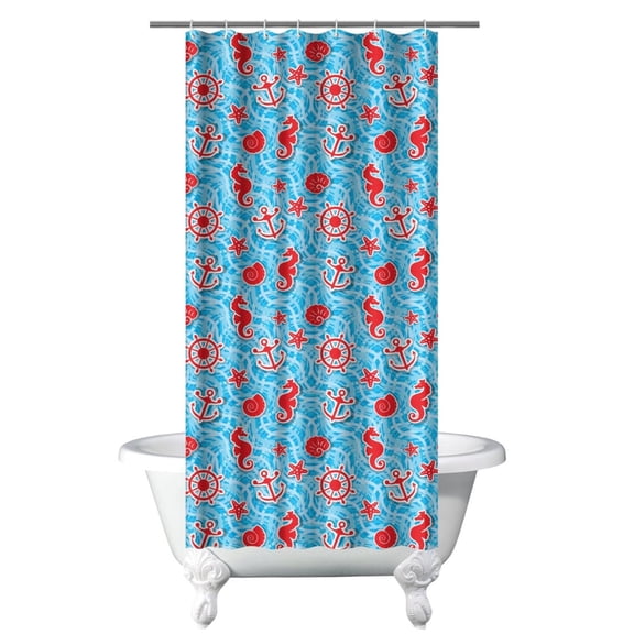 Summer Nautical Shower Curtain with Anchor, Boat, Sea, Seaside Coastal Marine Ocean Waves and Lighthouse Pattern, Map and Compass Design, Waterproof Fabric Curtain with Hooks