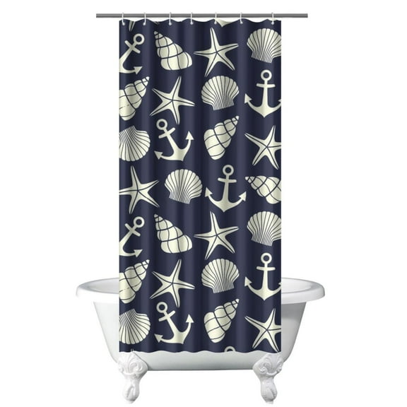 Summer Nautical Shower Curtain with Anchor, Boat, Sea, Seaside Coastal Marine Ocean Waves and Lighthouse Pattern, Map and Compass Design, Waterproof Fabric Curtain with Hooks