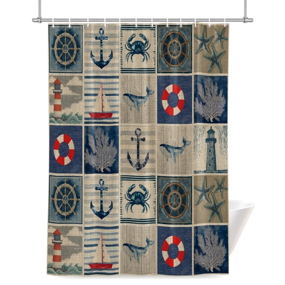 Summer Nautical Shower Curtain, Blue Anchor Rudder Crab Whale Patchwork Linen Waterproof Shower Curtain Set with 12 Hooks Lightweight Bath Curtains Fabric Bathroom Decor 48x72 Inches