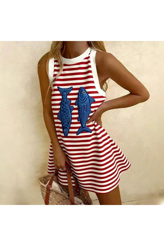 Summer Nautical Striped Ocean Animal Print Dress Sleeveless Tunic Dress Casual Beach Vacation Cover-Up Crab Fish Loose Fit Mini Dress dress