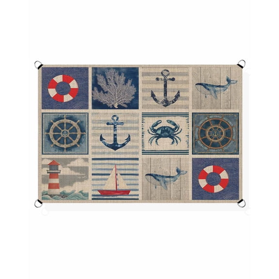 Summer Nautical Sun Shade Sail 14'X18' Blue Anchor Rudder Crab Whale Patchwork Linen UV Block Outdoor Sail Shades Breathable Waterproof Rectangular Sunshade for Patio Garden Pool Pergola Porch