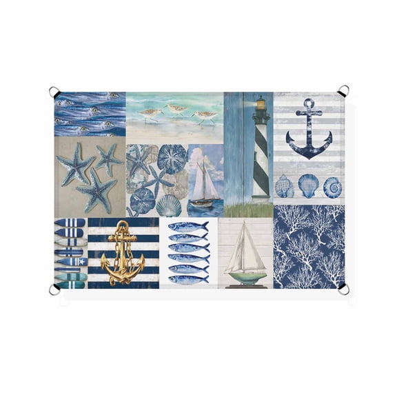 Summer Nautical Sun Shade Sail 6.5'X10' Blue Starfish Shells Anchor Boat Patchwork UV Block Outdoor Sail Shades Breathable Waterproof Rectangular Sunshade for Patio Garden Pool Pergola Porch