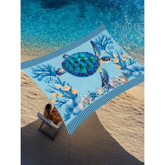 Summer Nautical Sun Shade Sail 6.5' x 10', Ocean Sea Turtle Cartoon Starfish Coral Black Stripes Rectangle Outdoor Sunshade Canopy, Waterproof UV Block Patio Covers for Garden Yard Beach