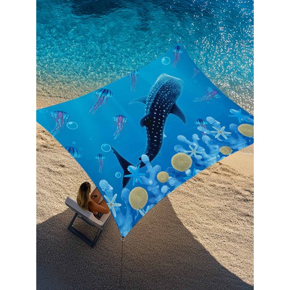 Summer Nautical Sun Shade Sail 6.5' x 10', Ocean Shark Cartoon Jellyfish Coral Bubble Rectangle Outdoor Sunshade Canopy, Waterproof UV Block Patio Covers for Garden Yard Beach