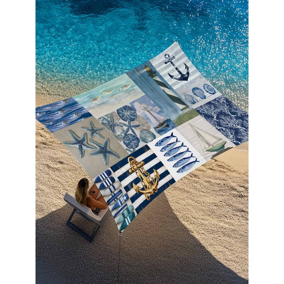 Summer Nautical Sun Shade Sail 8' x 10', Blue Starfish Shells Anchor Boat Patchwork Rectangle Outdoor Sunshade Canopy, Waterproof UV Block Patio Covers for Garden Yard Beach