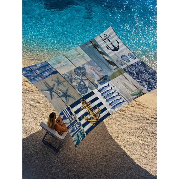 Summer Nautical Sun Shade Sail 8' x 10', Blue Starfish Shells Anchor Boat Patchwork Wood Rectangle Outdoor Sunshade Canopy, Waterproof UV Block Patio Covers for Garden Yard Beach