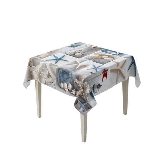 Summer Nautical Table Cloth 54x54 Inch Square, Starfish Shell Lighthouse Fishing Net Waterproof Tablecloth Washable Table Cover for Party Picnic Dinner Decor