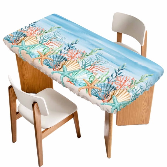 Summer Nautical Table Cloths for 4 Foot Rectangle Tables, Coastal Beach Starfish Coral Shell Blue Patio Waterproof Elastic Fitted Tablecloths, Washable Rectangular Table Cover for Camping