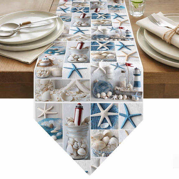 Summer Nautical Table Runner 36 Inches Long Starfish Shell Lighthouse Fishing Net Table Runners for Dining Room Tabletop Dresser Scarf Home Party Banquet Wedding Holiday Decoration