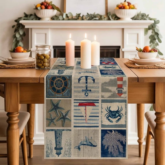 Summer Nautical Table Runner, Blue Anchor Rudder Crab Whale Patchwork Linen Cotton Linen Kitchen Table Decoration Washable Dining Tabletop Runners for Home Party Decor 16x72 Inches