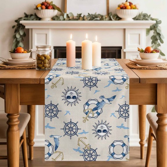Summer Nautical Table Runner, Cartoon Sun Coastal Anchor Rudder Cute Seagull Retro Cotton Linen Kitchen Table Decoration Washable Dining Tabletop Runners for Home Party Decor 13x36 Inches