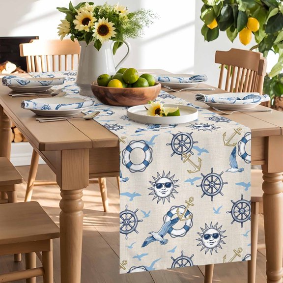 Summer Nautical Table Runner, Cartoon Sun Coastal Anchor Rudder Cute Seagull Retro Washable Kitchen Table Runners Dress Scarves for Dining Table Decorations Party/Restaurant, 13x72in