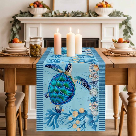 Summer Nautical Table Runner, Ocean Sea Turtle Cartoon Starfish Coral Black Stripes Cotton Linen Kitchen Table Decoration Washable Dining Tabletop Runners for Home Party Decor 13x48 Inches