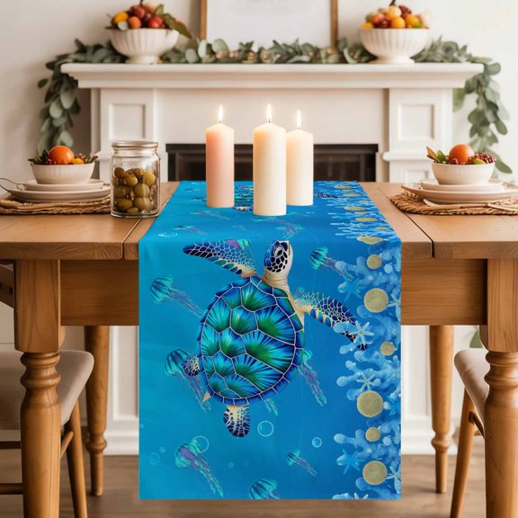 Summer Nautical Table Runner, Ocean Sea Turtle Cartoon Starfish Coral Bubble Cotton Linen Kitchen Table Decoration Washable Dining Tabletop Runners for Home Party Decor 13x48 Inches