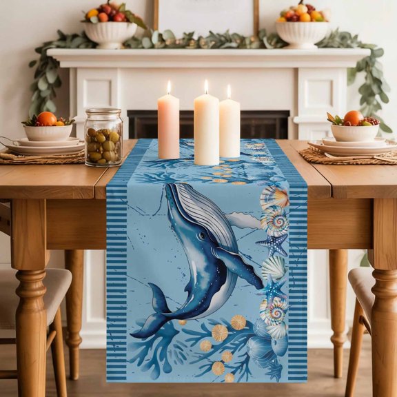 Summer Nautical Table Runner, Ocean Whale Cartoon Starfish Coral Black Stripes Cotton Linen Kitchen Table Decoration Washable Dining Tabletop Runners for Home Party Decor 13x48 Inches