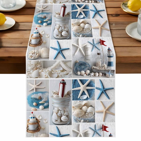 Summer Nautical Table Runner, Starfish Shell Lighthouse Cotton Linen Table Cloth, Fishing Net Tablerunner for Kitchen Dining Party Wedding Home Decor 13x48 Inch