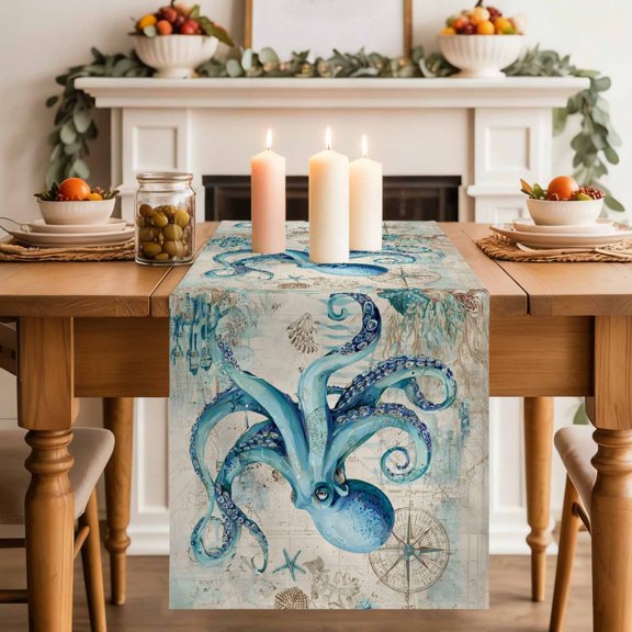 Summer Nautical Table Runner, Teal Octopus Ocean Corals Compass Retro Brown Cotton Linen Kitchen Table Decoration Washable Dining Tabletop Runners for Home Party Decor 13x120 Inches