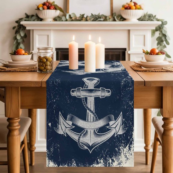 Summer Nautical Table Runner, Watercolor Ocean Anchor Pattern Retro Navy Blue Cotton Linen Kitchen Table Decoration Washable Dining Tabletop Runners for Home Party Decor 13x36 Inches