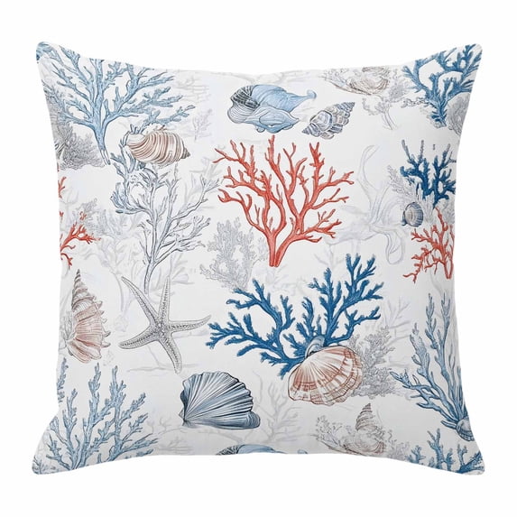 Summer Nautical Throw Pillow Cover Red Blue Coral Seashell Coastal Vintage Cotton Linen Cushion Cover Throw Pillow Case with Invisible Zipper for Couch Sofa Bed Chair Car 24x24 Inch