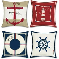 Summer Nautical Throw Pillow Covers 18 x 18 Inch Anchor Lighthouse Red Navy Blue Decorative Pillow Cases Outdoor Cushion Covers for Couch Sofa Bed Home Decor Set of 4
