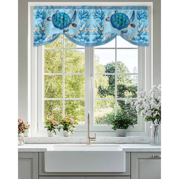 Summer Nautical Tie Up Valances Curtain, Adjustable Kitchen Ocean Sea Turtle Cartoon Starfish Coral Black Stripes Valances for Windows Decor, Rod Pocket Short Curtains for Bedroom/Bathroom 42"x12"