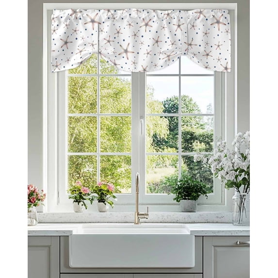 Summer Nautical Tie Up Valances Curtain, Adjustable Kitchen Watercolor Ocean Gradient Color Starfish Polka Dot Valances for Windows Decor, Rod Pocket Short Curtains Set for Bedroom/Bathroom, 60"x18"