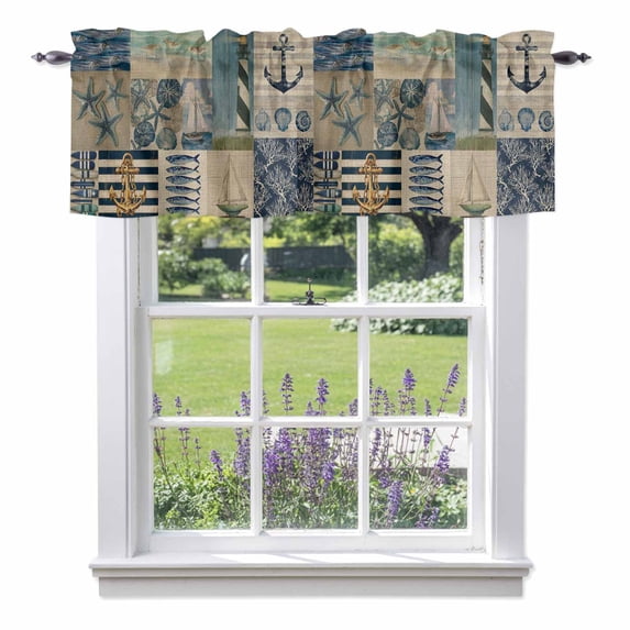 Summer Nautical Valance Curtain for Windows Blue Starfish Shells Anchor Boat Patchwork Linen Rod Pocket Curtain Valances Short Window Treatments for Kitchen Bathroom Laundry Basement 42 x 18 Inch
