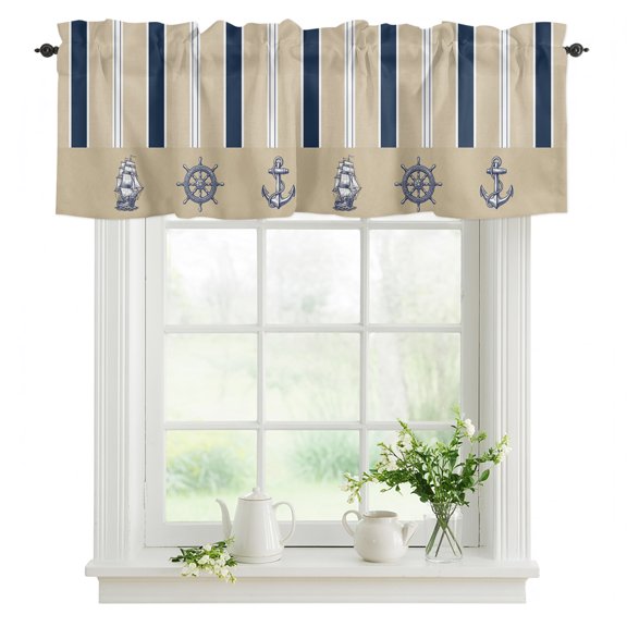 Summer Nautical Valances for Windows, Ocean Sailboat Rudder Coastal Anchor Stripes Texture Valance Rod Pocket Window Treatments Curtains for Kitchen Small Windows Living Room Bedroom Bathroom 42"x18"