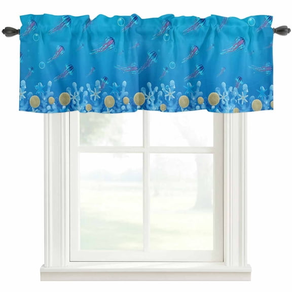 Summer Nautical Valances for Windows Ocean Sea Jellyfish Cartoon Starfish Coral Bubble Rod Pocket Curtain Valance Window Treatment Short Curtains for Kitchen Living Room, 42"x12"