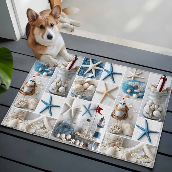 Summer Nautical Washable Area Rug 2x3 Starfish Shell Lighthouse Fishing Net Low-Profile Area Rugs with Non Slip Backing Indoor Floor Carpet for Entrance Living Room Bedroom Home Office