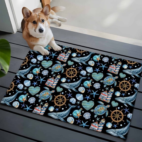 Summer Nautical Washable Entry Rug 2x3 Ocean Shark Sea Turtle Retro Rudder Coastal Black Low Pile Indoor Door Mat with Rubber Backing Thin Area Rug for for Entrance, Bedroom, Kitchen, Bathroom