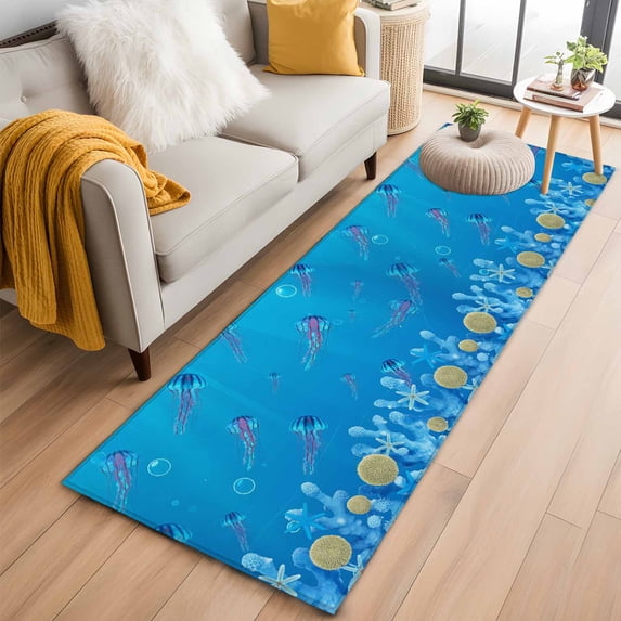 Summer Nautical Washable Runner Rugs 2'x6', Ocean Sea Jellyfish Cartoon Starfish Coral Bubble Low Pile Throw Entryway Rug Non-Slip Sturdy Edge Binding Carpet for Indoor Bedside Entrance Bedside
