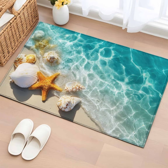 Summer Nautical Washable Small Entryway Area Rugs 2'x3', Coastal Scene Cute Starfish Ocean Shells Conch Low Pile Throw Rug Non-Slip Sturdy Edge Binding Carpet for Front Door Floor Room Entry