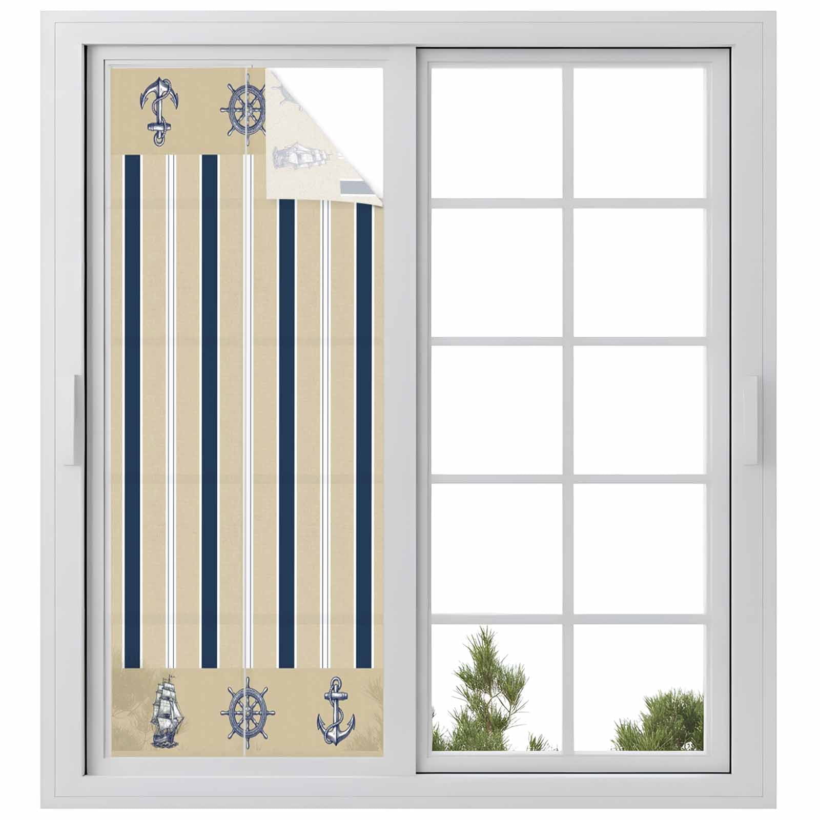 Summer Nautical Window Privacy Film, Ocean Sailboat Rudder Coastal Anchor Stripes Texture Frosted Glass Window Clings Static Cling UV Heat Blocking Reusable Door Sticker for Bathroom 23.6 x 59 Inch