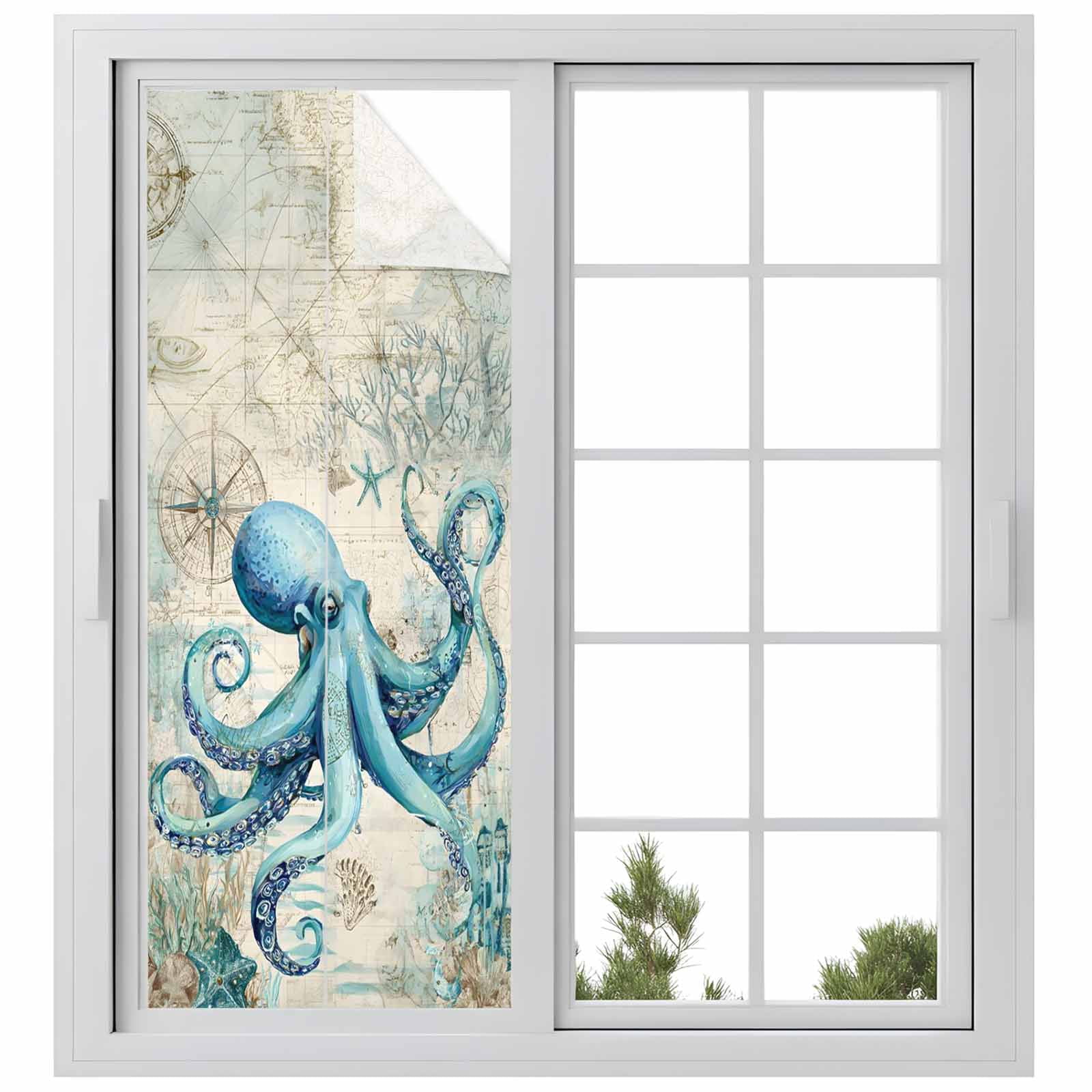 Summer Nautical Window Privacy Film, Teal Octopus Ocean Corals Compass Retro Brown Frosted Glass Window Clings Static Cling UV Heat Blocking Reusable Door Sticker for Bathroom 23.6 x 59 Inch