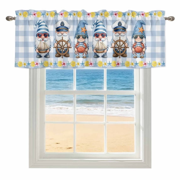 Summer Nautical Window Valance for Kitchen, Cute Gnomes Crab Cartoon Rudder Starfish Blue Plaid Rod Pocket Short Curtain for Small Windows, Light Filtering Decorative Valance, 42 x 18 Inch
