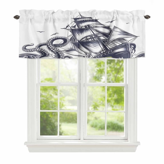 Summer Nautical Window Valance for Kitchen, Ocean Giant Octopus Sea Monster Coastal Sailboat Rod Pocket Short Curtain for Small Windows, Light Filtering Decorative Valance, 54 x 18 Inch, 1 Panel