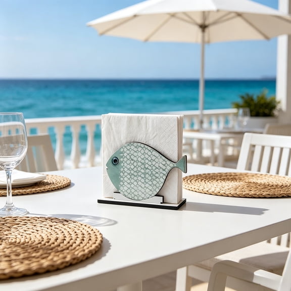 Summer Nautical Wooden Napkin Holder Seaside Breeze Design for Kitchen Beach Party Dining Table Decor with Cutout Patterns Stable Base Open Sided