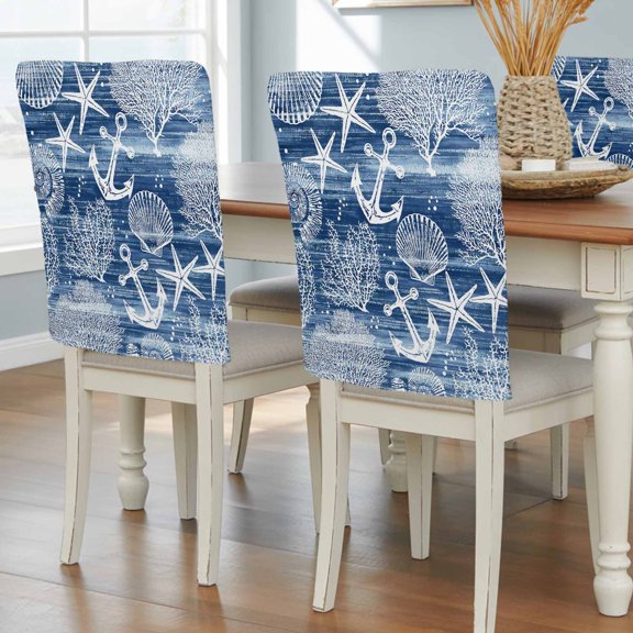 Summer Navy Blue Ocean Chair Back Covers Set of 2, Vintage Nautical Sea Anchor Coral Shell Starfish Removable Dining Seat Cover Kitchen Chair Slipcovers Protective for Party Decoration 19x20in