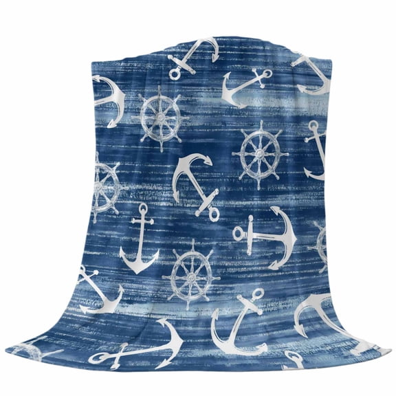 Summer Navy Blue Ocean Fleece Throw Blanket Vintage Nautical Sea Watercolor Anchor Rudder Ultra Soft Fuzzy Cozy Flannel Throw Blanket for Couch Sofa Bed Car Travel, Ideal Gifts 40x50 Inches