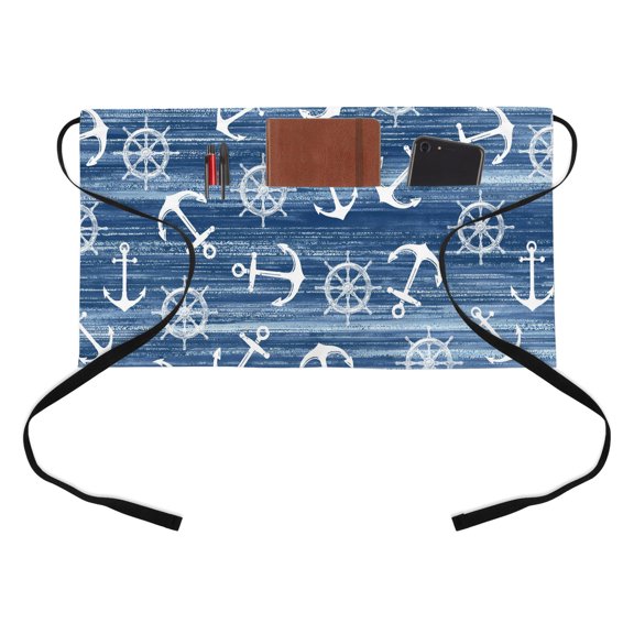Summer Navy Blue Ocean Half Waist Apron Vintage Nautical Sea Watercolor Anchor Rudder Short Waiter Aprons with 3 Pockets for Women Men Kitchen Restaurant Cooking