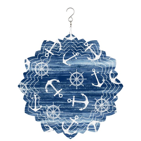 Summer Navy Blue Ocean Wind Spinner for Garden Yard 8In, Vintage Nautical Sea Watercolor Anchor Rudder 3D Stainless Steel Kinetic Hanging Wind Spinners Rustproof Outdoor Decor for Lawn Patio Home