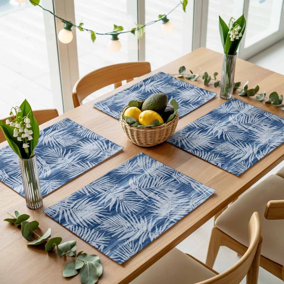 Summer Navy Blue Palm Leaf Placemats Set of 4,Wipeable Washable Table Mats for Dining Tables, Retro Boho Tropical Leaves Place Mats for Kitchen Event Party Tabletop Decor