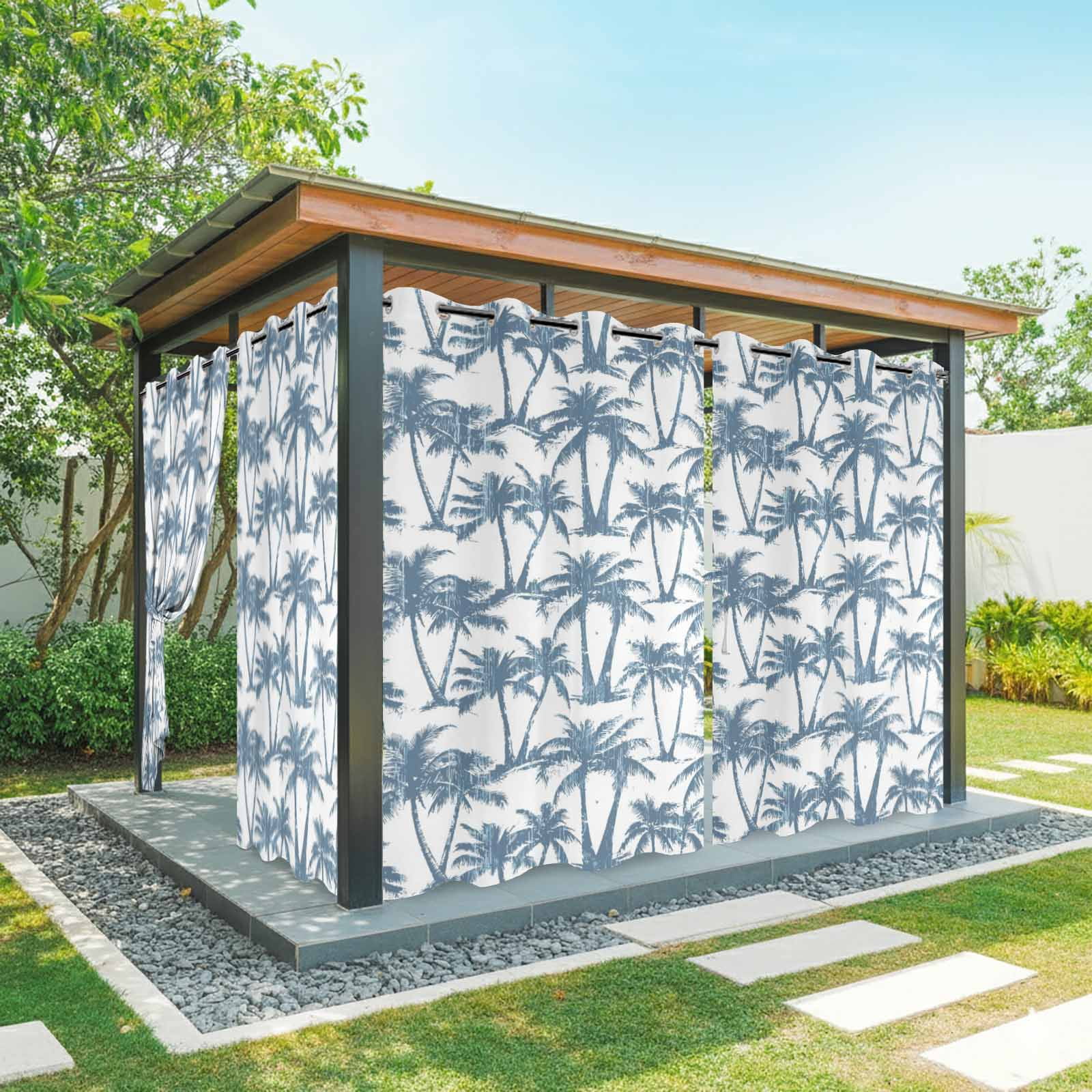 Summer Navy Blue Palms Outdoor Curtains for Patio, Nautical Coastal Boho Beach Watercolor Blue Tree Sunshade Privacy Drapes Grommet Waterproof Outside Curtains for Porch Balcony 54"x108", 1 Panel