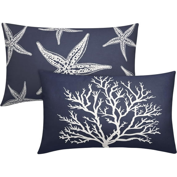 Summer Navy Blue Starfish Pillow Covers 12x20 Inch Set of 2 Beach Sea Coral Lumbar Throw Pillowcase Cotton Linen Square Decorative Nautical Coastal Cushion Cover for Sofa Bedroom Indoor Outdoor Party