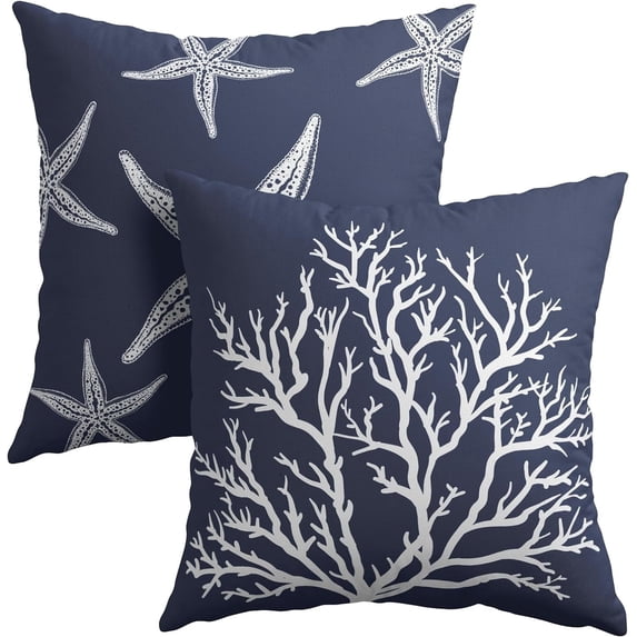 Summer Navy Blue Starfish Pillow Covers 16x16 Inch Set of 2 Beach Sea Coral Throw Pillowcase Cotton Linen Square Decorative Nautical Coastal Themed Cushion Cover for Sofa Bedroom Indoor Outdoor Party