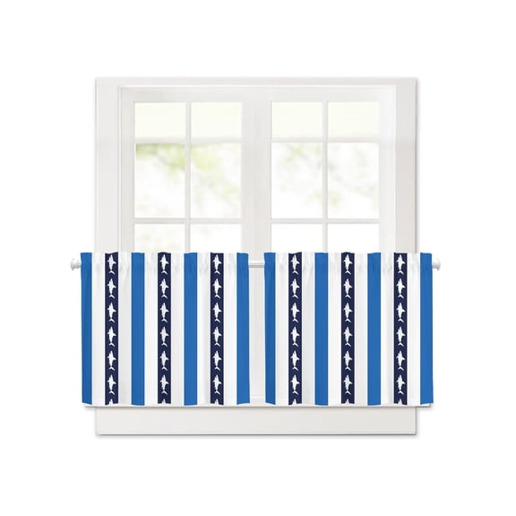 Summer Navy Blue Stripe Short Blackout Curtains 30 Inch Long,Sea Shark Marine Life Rod Pocket Kitchen Curtains,2 Panels Thermal Insulated Room Darkening Drapes for Bedroom,30"W x 30"L