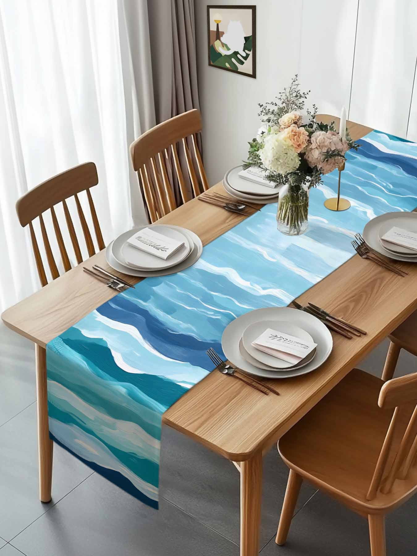 Summer Navy Blue Water Ripple Table Runner 90 Inches Long, Watercolor Gradient Ombre Table Runners Tabletop Scarf Kitchen Dining Tables Decoration for Home Party Indoor Outdoor