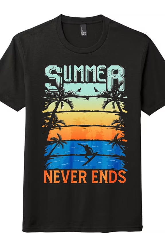 Summer Never Ends Retro Surf Graphic T-Shirt, Beach Palm Tree Casual Tee